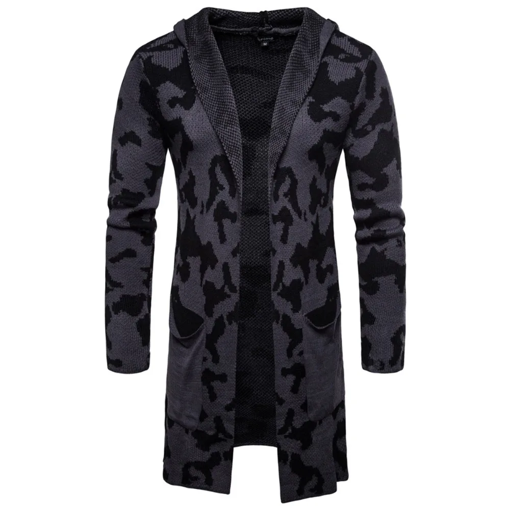 Мужская Новая мода вязаный кардиган камуфляж с капюшоном длинный рукав