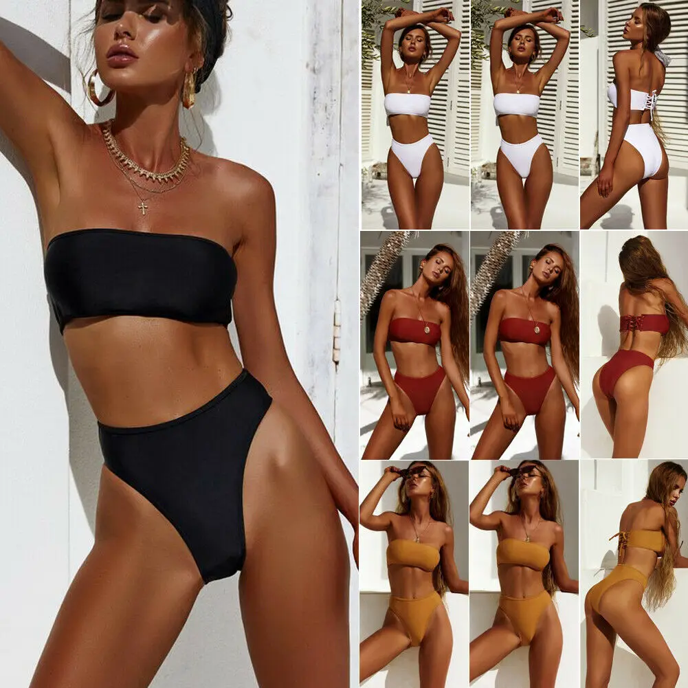 Женские с высокой талией комплект бикини без бретелек купальник бандо купальный