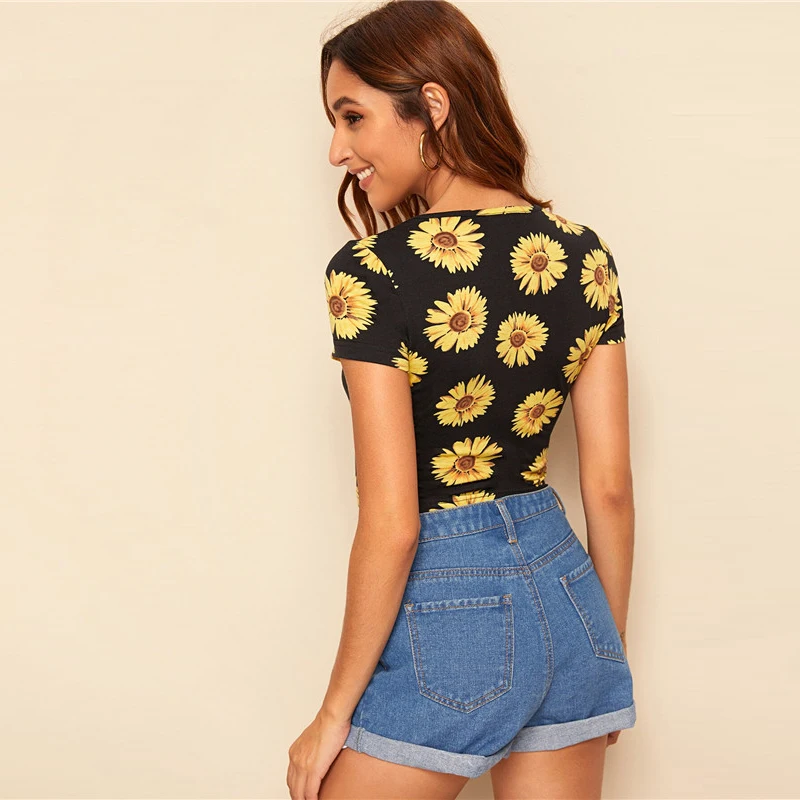 SHEIN, укороченная Футболка с принтом подсолнуха, женская одежда, летняя Приталенная футболка с круглым вырезом, повседневные Черные женские топы с коротким рукавом