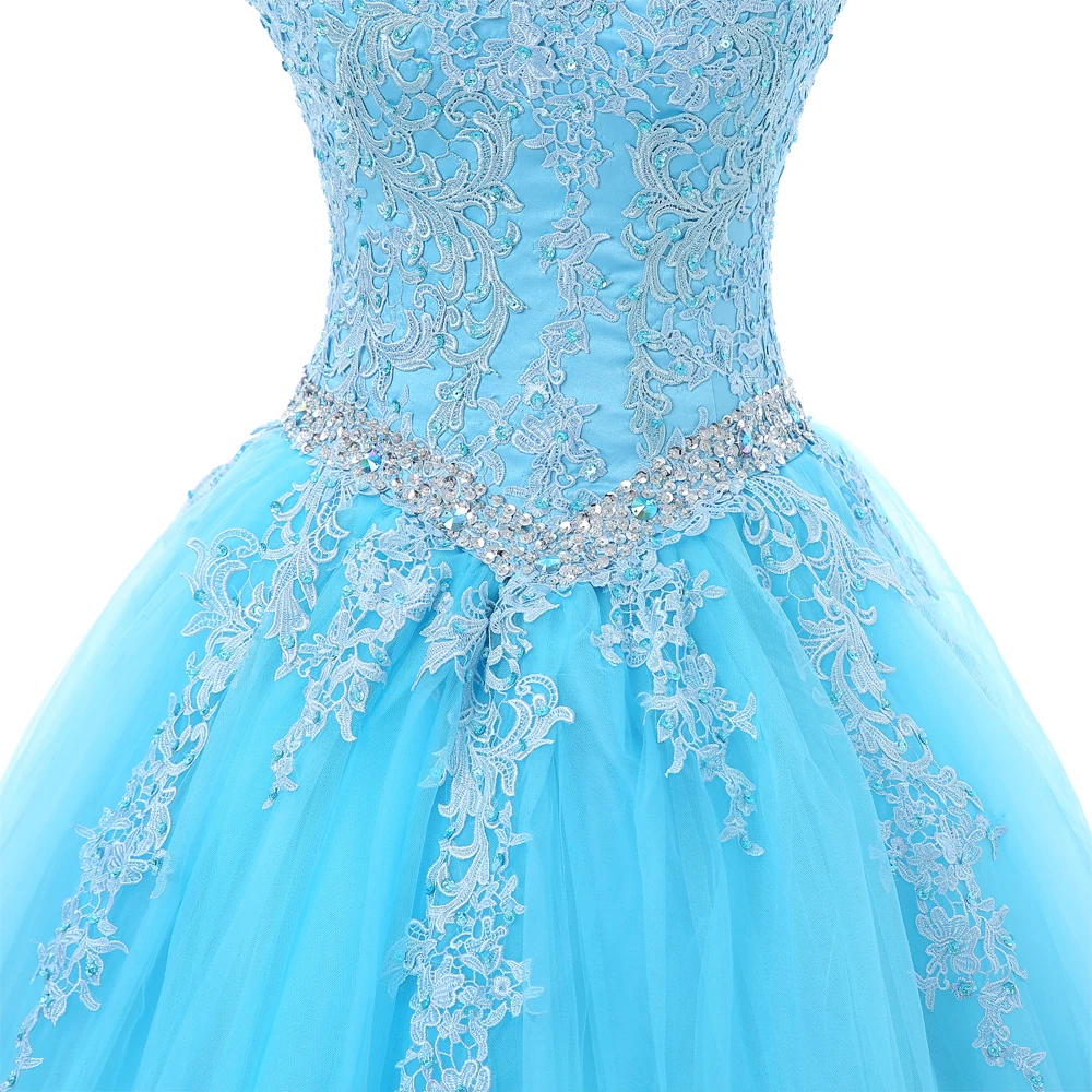 Sky Blue Quinceanera Dresses Ball Gown Cap Sleeves Tulle Appliques Lace Beaded Crystals Cheap Sweet 16 | Свадьбы и торжества