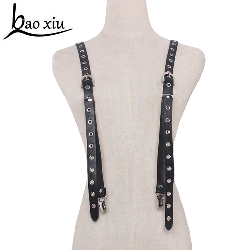 High Quality women's Suits Elastic leather Rivets Suspenders Men PU Leather 3 Clip Suspenders Belt Strap Adjustable Braces