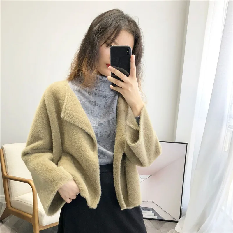 Evasu Lou Cardigan Women 2018 New Autumn and Winter Loose Sweater Milk Fur Jacket Long-sleeve Knitted Coat EV243 |