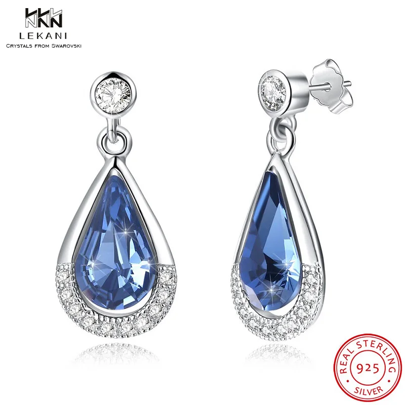 LEKANI Crystals From Swarovski Drop Earring 925 Fashion Water Drops Blue Pop Women's Earrings Pendant Gift Fine Jjewelry | Украшения и