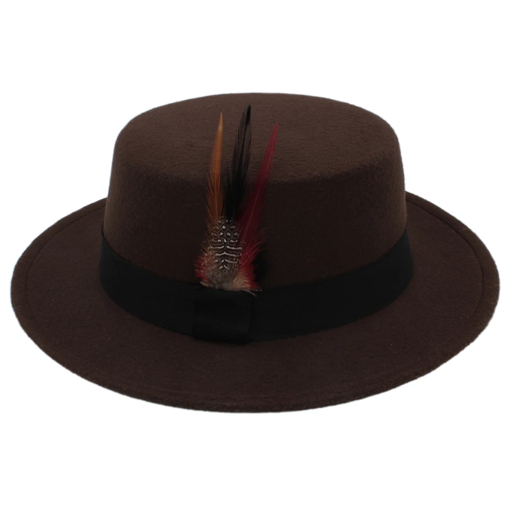 

Unisex Retro Pure Wool Fedora Pork pie Pork-pie Hat Black Ribbon Pheasant Feathers Band Bowler Round Top Cap (57cm,Adjust Rope)