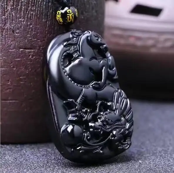 Новый красивый натуральный черный обсидиановый резной дракон лошадь счастливый