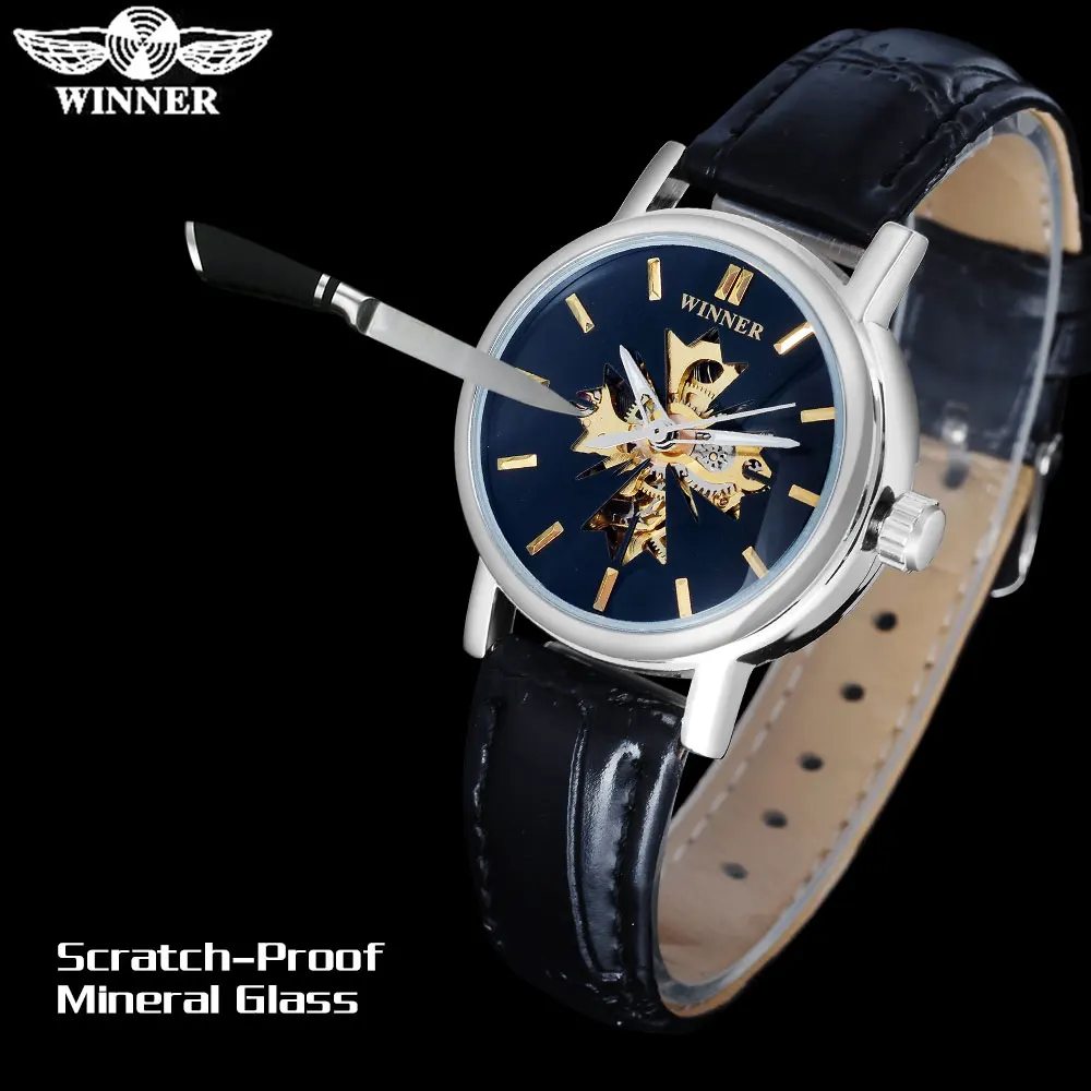 Часы скелетоны женские прозрачные серебристые с автоподзаводом|leather band watches