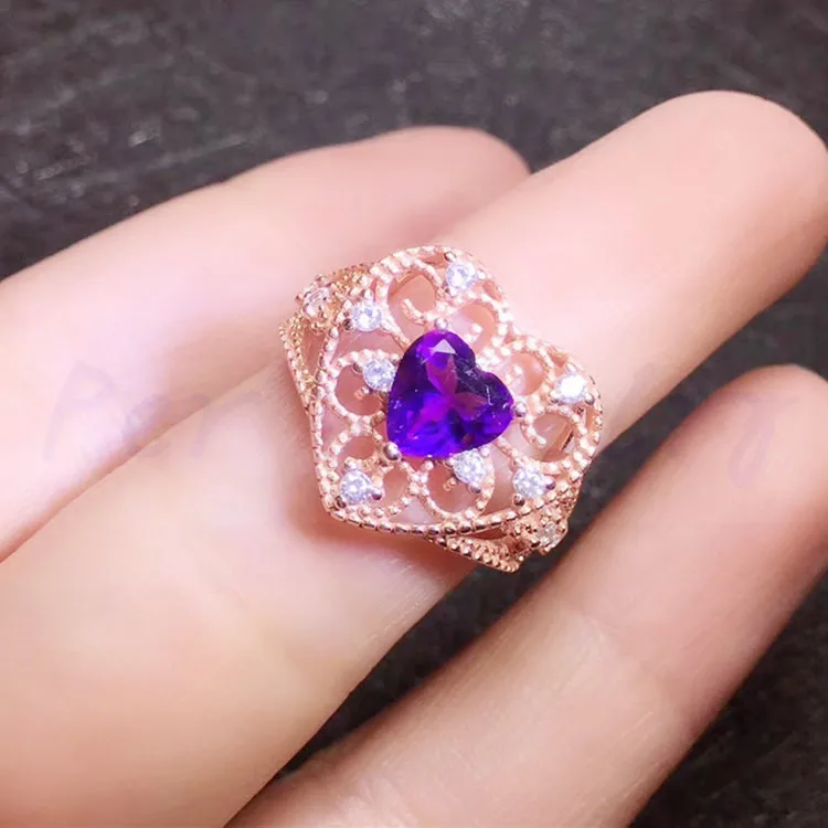 Per jewelry Natural real amethyst love heart style big ring Free shipping 925 sterling silver 0.8ct gemstone T95306 | Украшения и