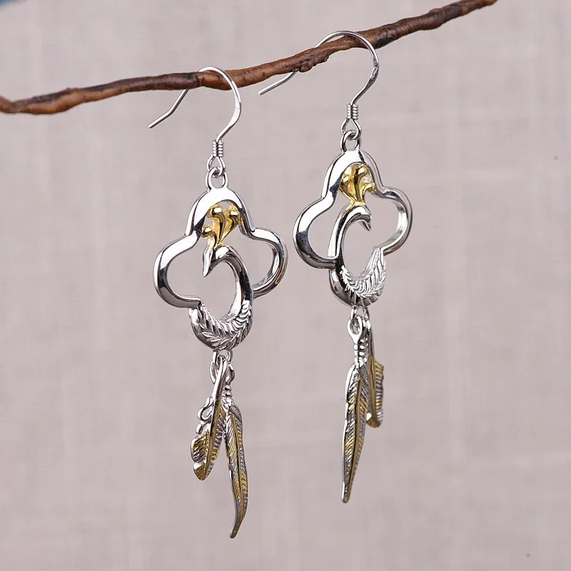 S925 Silver Craft Women Fashion Gilded Peacock Phoenix Feather Tassel Earrings | Украшения и аксессуары