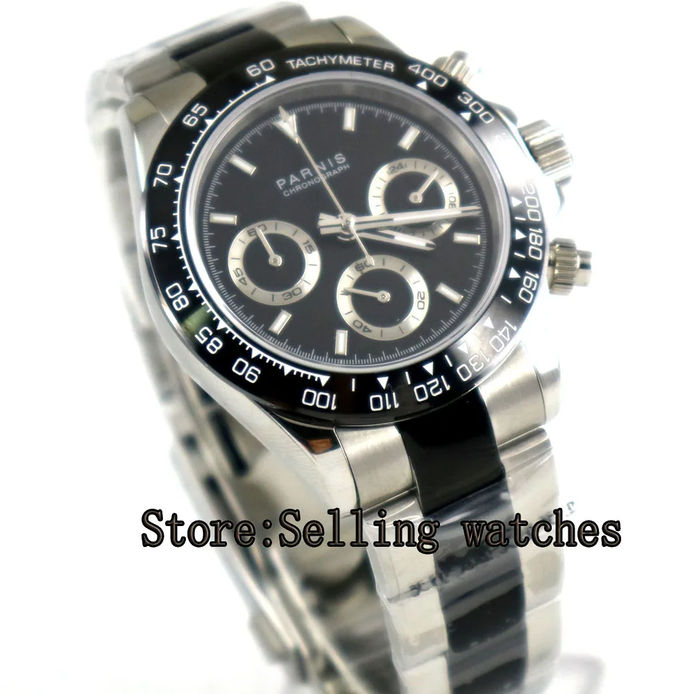 Парниш 39 мм черный циферблат керамический ободок Хронограф сапфировое стекло