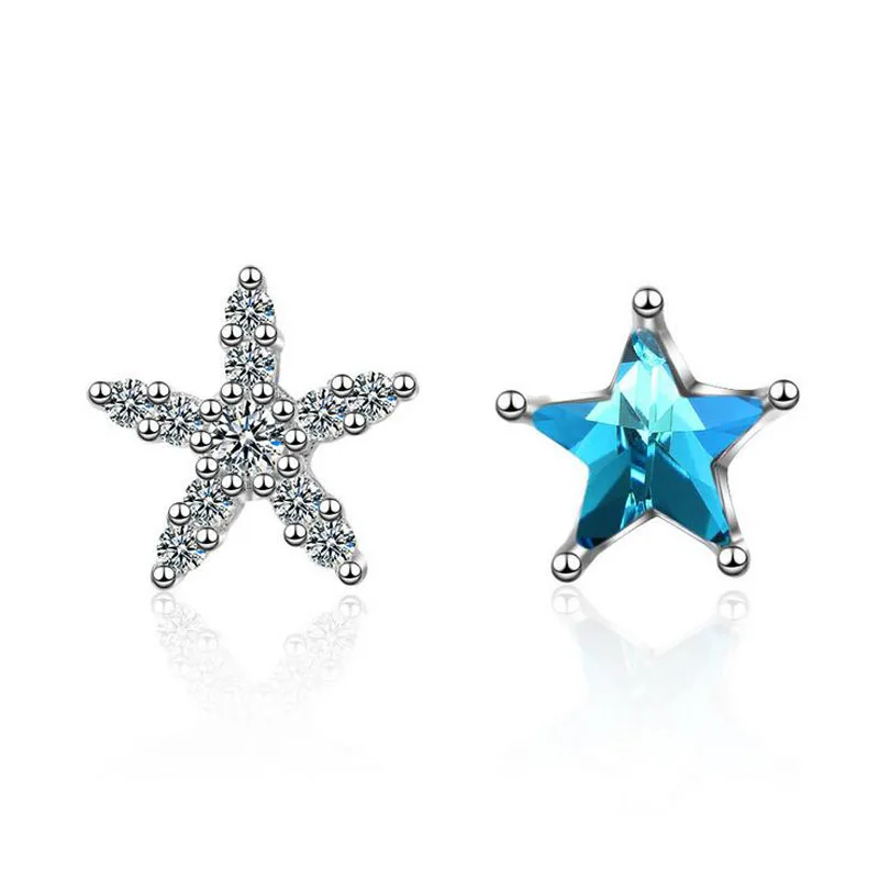 

Fashion 925 Sterling Silver Blue Crystal Zircon Pentagram Star Stud Earring For Women Girls Asymmetry Earring Gift Jewelry ED597
