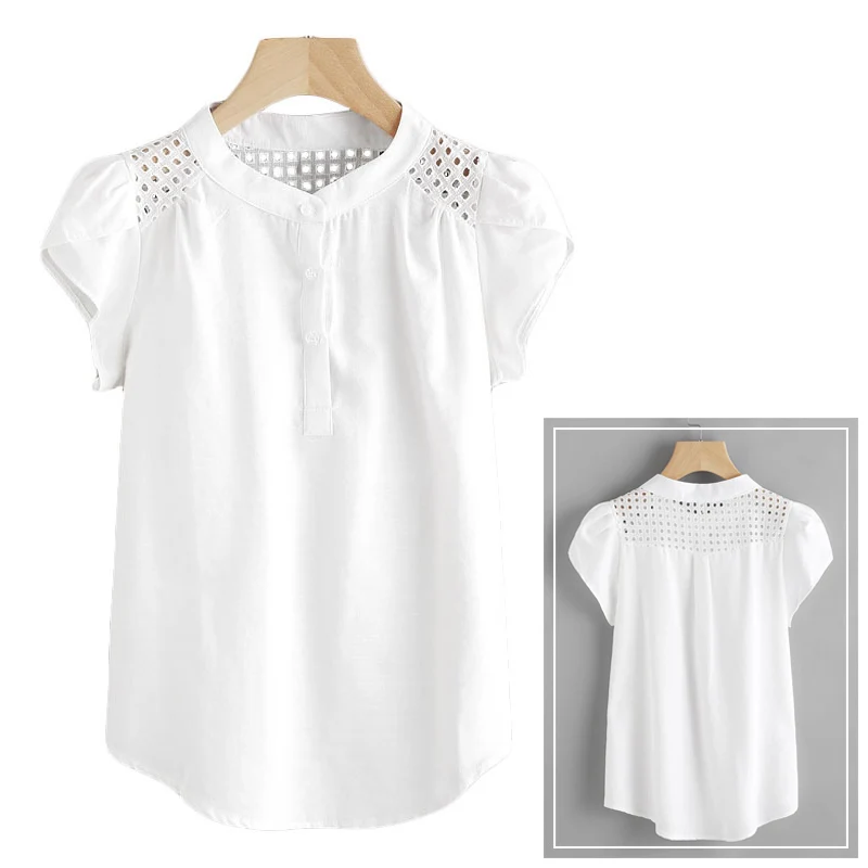 Women Tops Shoulder Hollow Blouse Button Holiday Round Neck Female Shirt White Elegant Office Work Shirts |