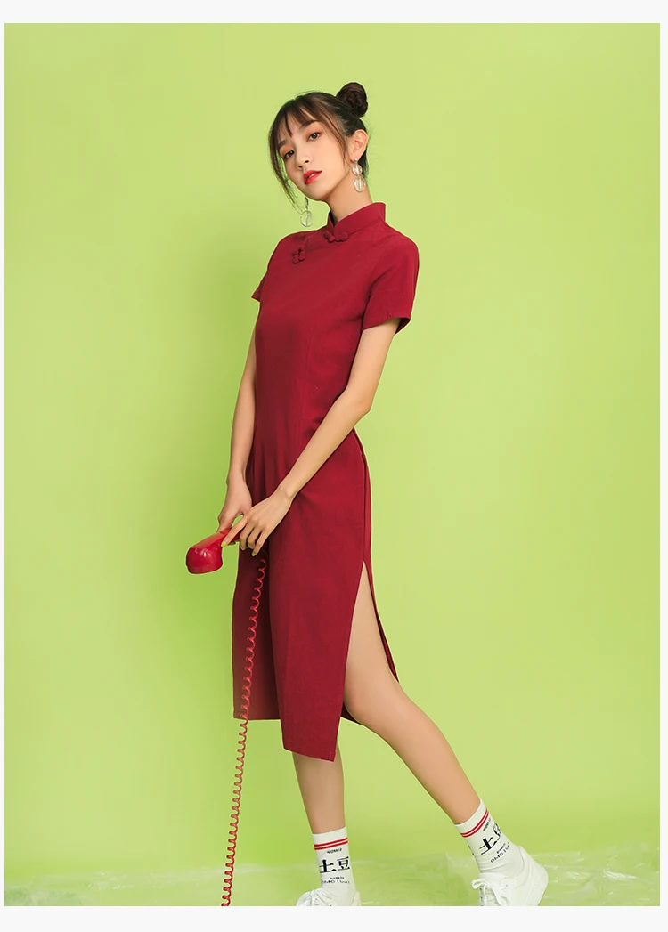 SWEETXUE Red Elegant Cheongsam Summer Sress Vintage Stand Collar Buckle Solid Color Midi Dresses Women Vestidos Femme