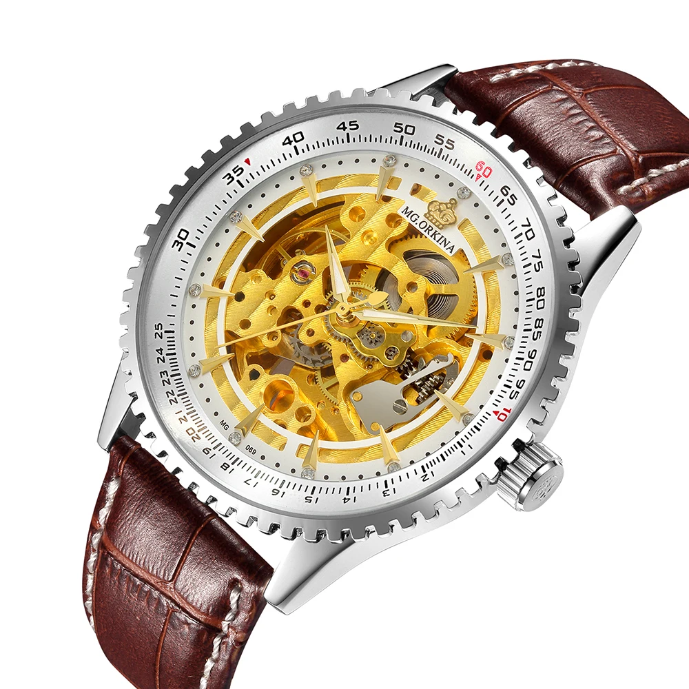 

ORKINA Men's Watches Top Brand Luxury Golden Movement Automatic Male Mechanical Clock Leather Strap Wristwatch Relogios