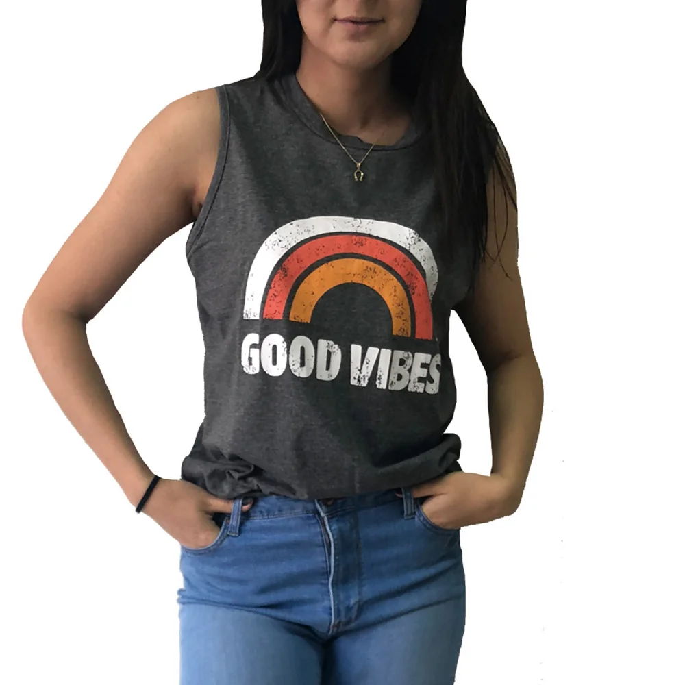 Майка женская Радужная с надписью Good Vibes Повседневная Свободная безрукавка
