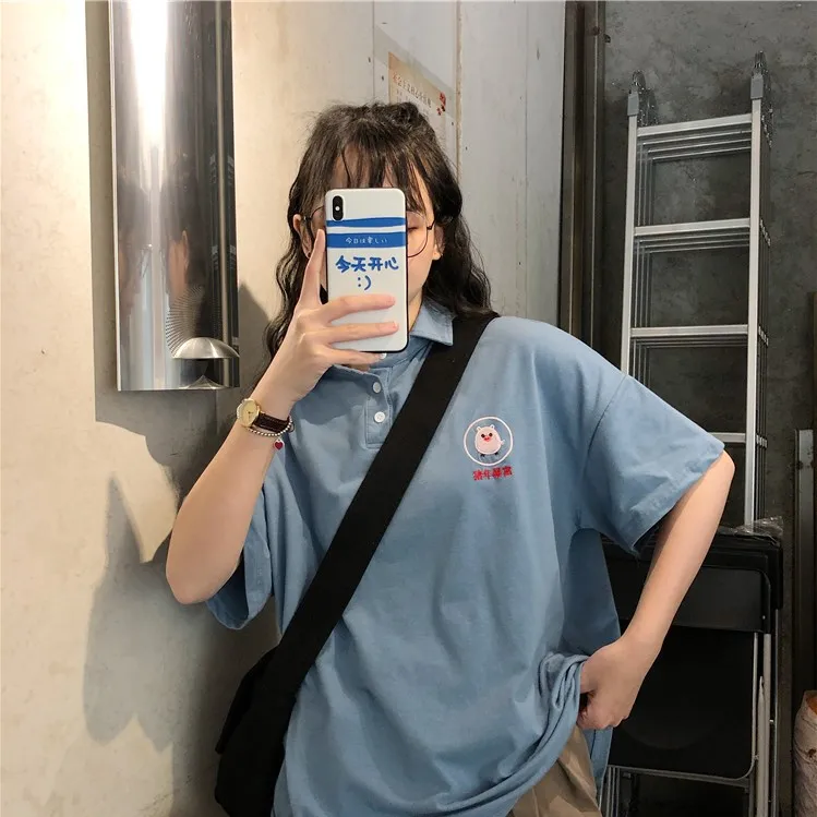 Для женщин PoloShirt Хлопок мультфильм милый свинья вышивка короткий рукав тенниски летние женские свободные Повседневное элегантный дизайн топы YT5027