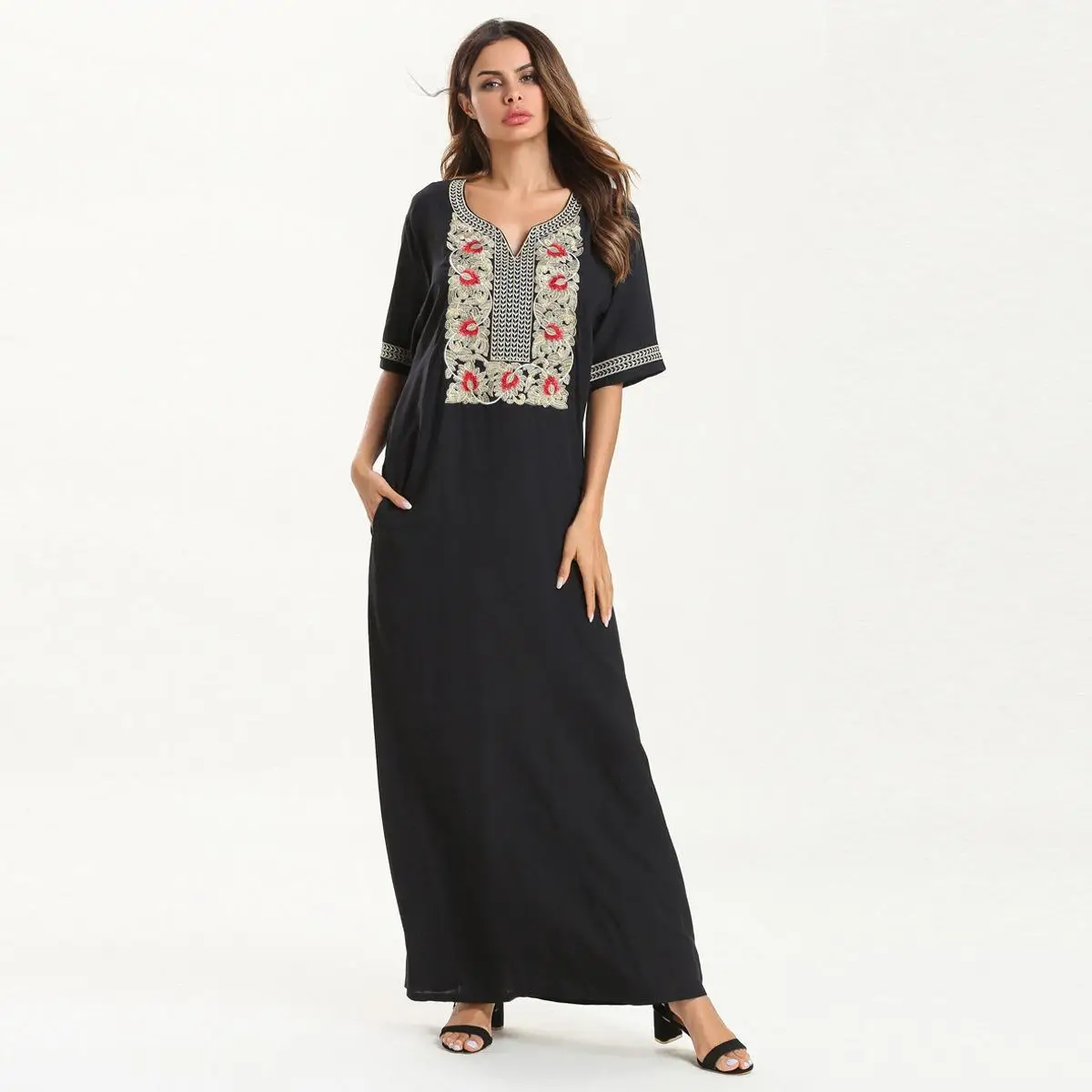 Этнический кафтан вышивка короткий рукав Abaya женское платье для мусульманской