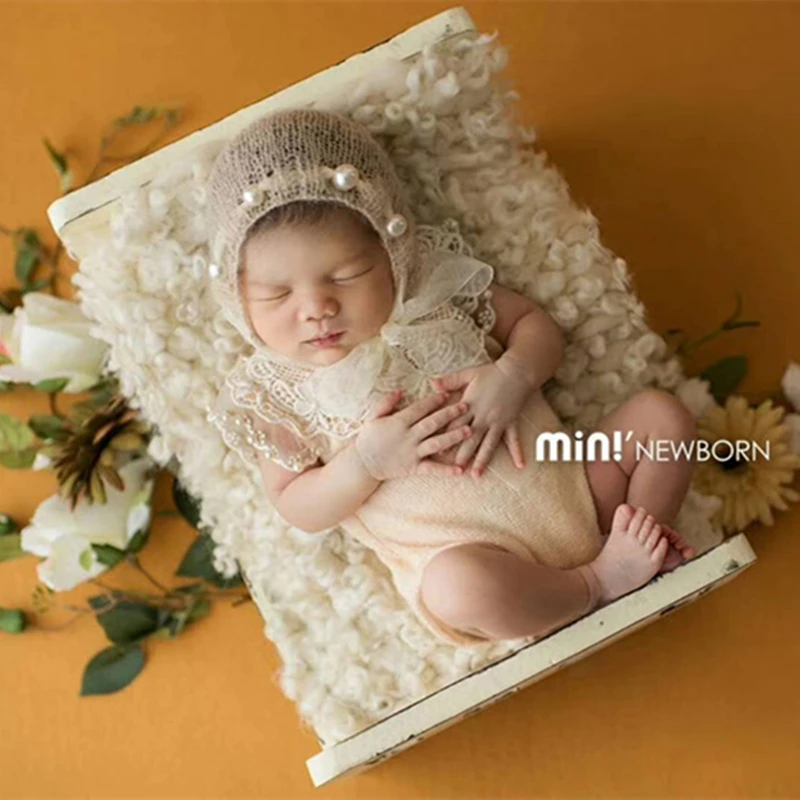 

Lace Accent Bonnet Newborn photography props Baby Girl Knitted hat Ivory Mohair Newborn Hat Vintage Baby Hat