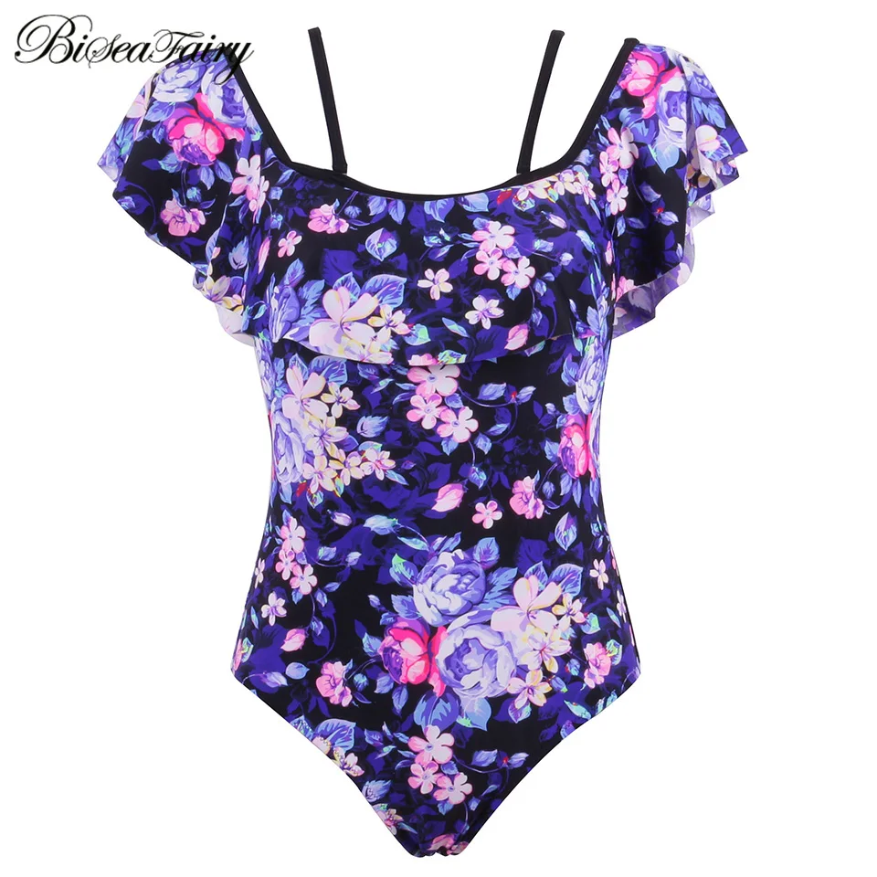 Женский купальник с оборками Biseafairy Цельный открытыми плечами и цветочным