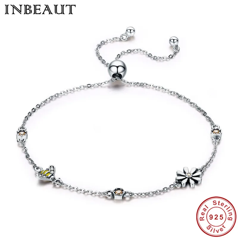 INBEAUT 925 пробы Серебряная Весенняя Маргаритка цветок круглый желтый кубический цирконий милый пчелиный браслет для женщин элегантная цепочка Ювелирные изделия