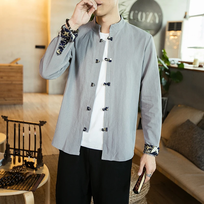 chinese style men solid casual streetwear man cotton linen hanfu top men clothes chinese style linen top - Цвет: color3