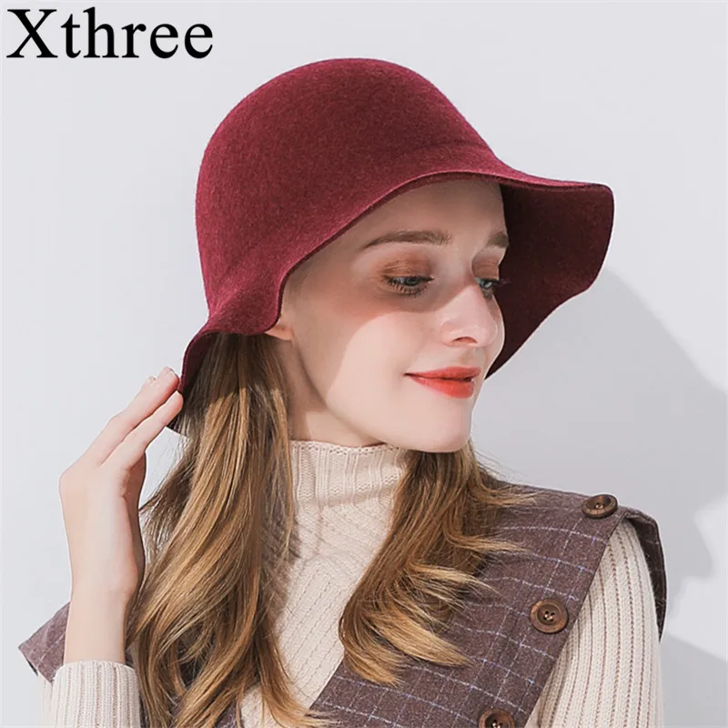 Винтажная фетровая шляпа Xthree женские шапки из шерсти с широкими полями осенняя