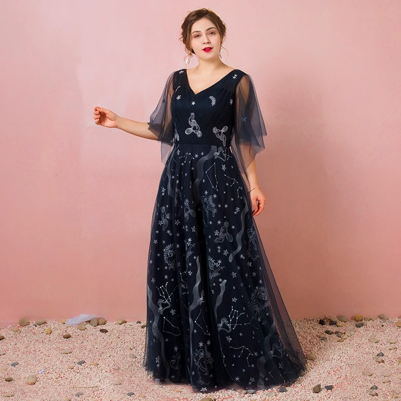 Плюс размер платье для выпускного вечера А силуэт v образный вырез Тюль