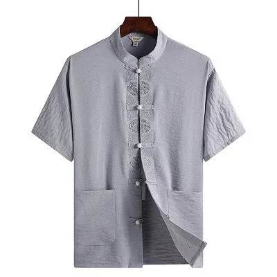 grey shirts Sheng Коко Для мужчин; униформа для тайцзи костюм для выступлений человек Стенд куртка с коротким рукавом костюм Pankou Mianma удобные китайский Комплекты одежды - Цвет: grey shirts