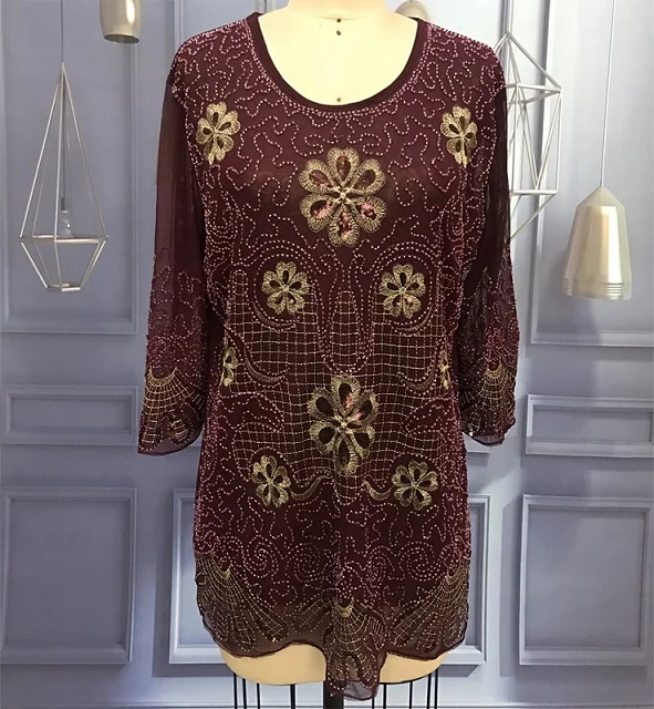 burgundy Винтажная рубашка 1990 s, украшенная в бусинах и пайетках, топ, плюс размер 5XL, Mamas блузка для вечеринок, летняя длинная туника с вышитыми цветами - Цвет: burgundy