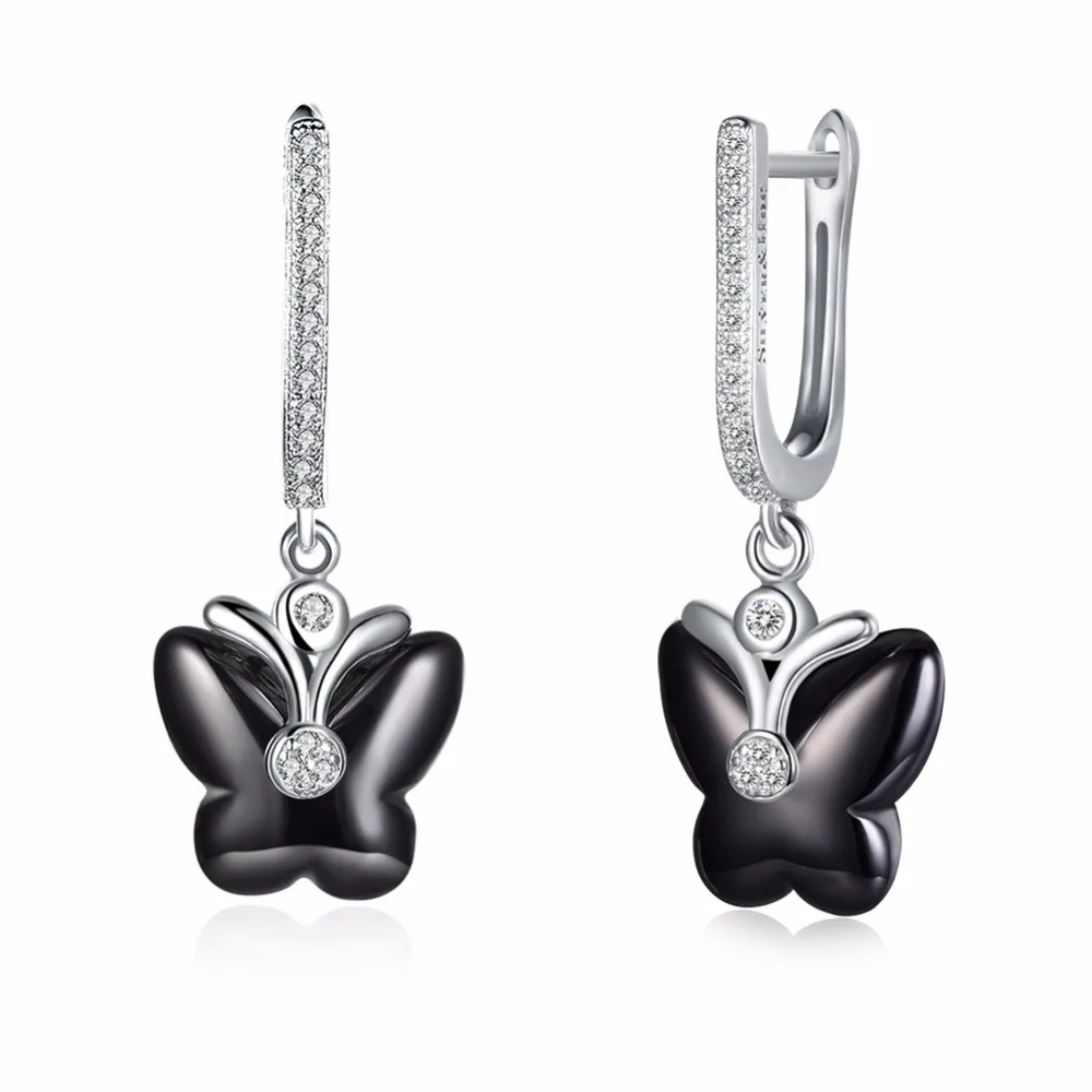 

Charm Women 925 Sterling Silver Drop Earrings Black White Ceramic Butterfly Dangle Earrings for Lady Anniversary Gift Jewelry