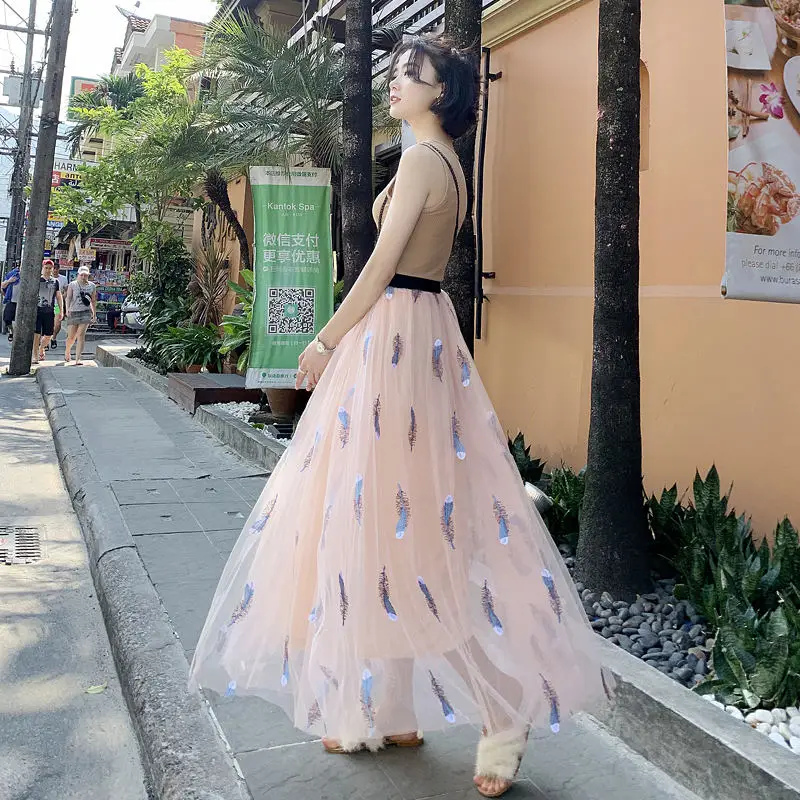 Harajuku длинные юбки женская элегантная Тюлевая юбка макси Jupe Femme Весна Лето Высокая талия плиссированная юбка Уличная Faldas Q1242 - Цвет: Pink-90