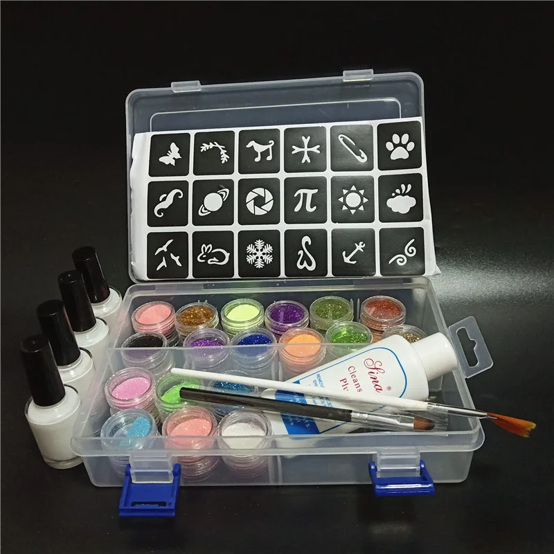 36 Colors Kit 36 цветов, порошок, светящийся блеск, 4 склейки, 2 кисти, полый шаблон, набор для Временной Татуировки, для детей, лица, ногтей, тела, живопись, искусство - Цвет: 36 Colors Kit