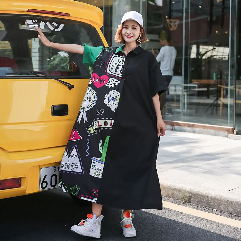 see picture WBB4449 XITAO Plus Size Street Midi Dress Women Korea Fashion Turn Down Collar Patchwork Print Pattern Cardigans New WBB4449 - Цвет: see picture WBB4449