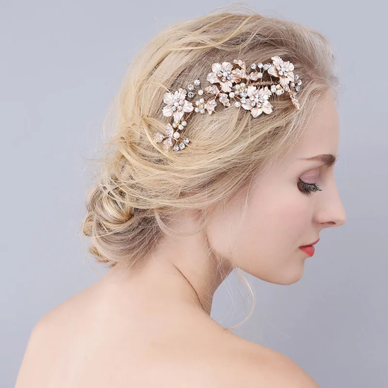 Женский гребень для волос SLBRIDAL с жемчугом и кристаллами золотыми цветами