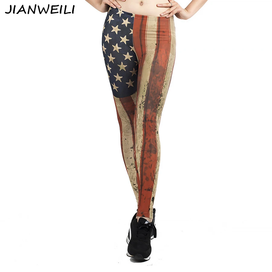 JIANWEILI New 3D fitness leggings women slim high waist woman pants trousers gothic leggins legging U.S flag printing |