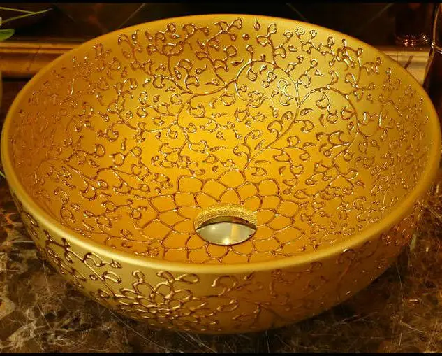 Фарфор с золотистой отделкой раковина для ванной комнаты ручной росписью|sink