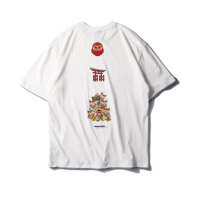 White GONTHWID Ложные 2 шт. Lucky Cats печати уличная футболки лето Harajuku Повседневная Уличная одежда, футболки мужские с коротким рукавом топы - Цвет: White