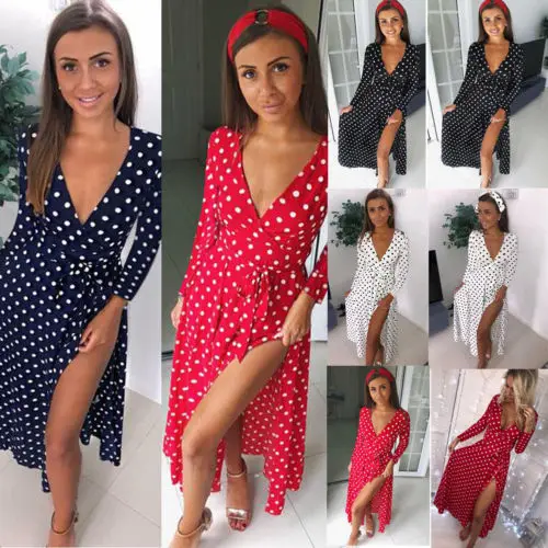 Women Dresses Holiday Long Sleeve Ladies Maxi Polka Dot Printed Split Slit Beach Dress Size S-XL Clothes | Женская одежда