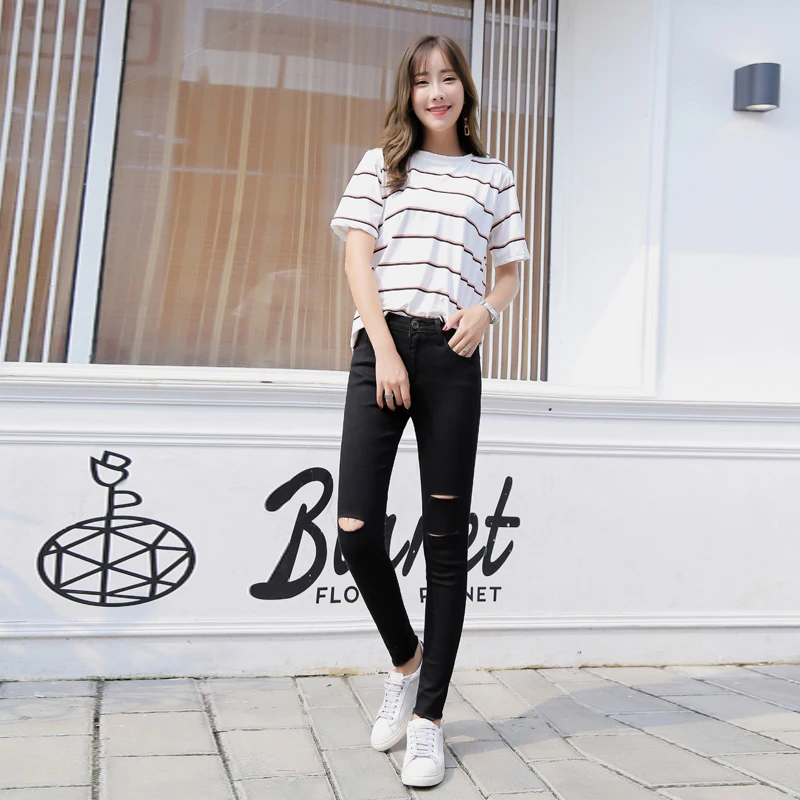 ZQLZ High Waist Ripped Autumn Jeans Women 2018 New Casual Elastic Black Denim Pencil Pants Woman Washed Ruched Trousers Mujer |