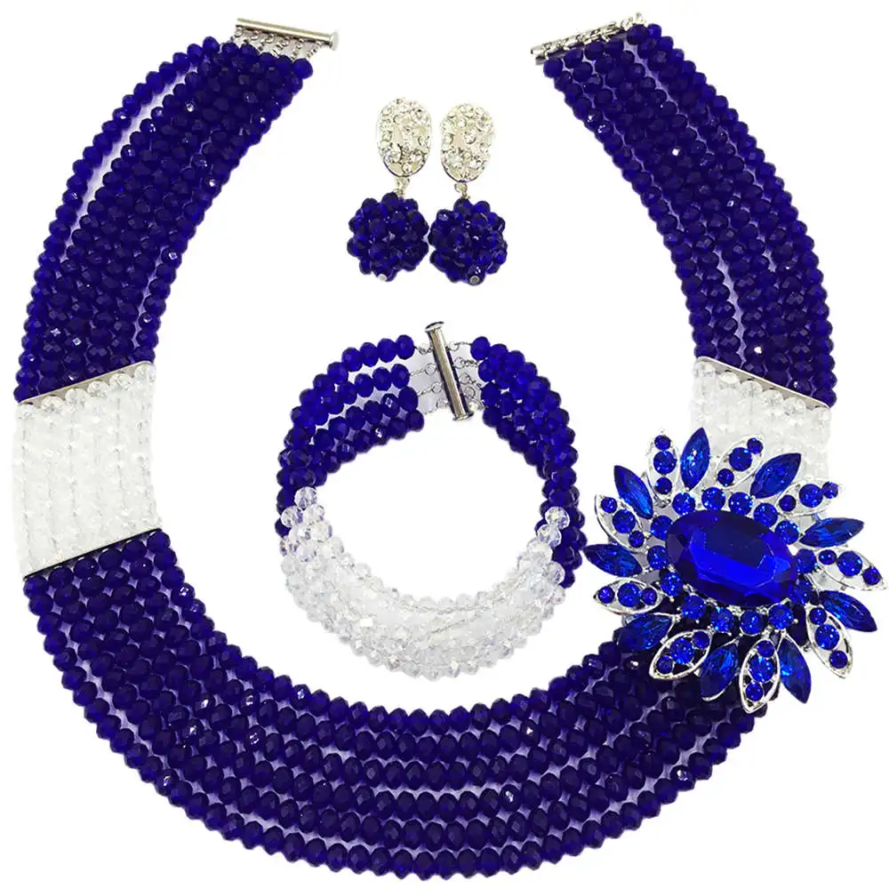 

Royal Blue Transparent Crystal Beaded Nigerian Wedding Beads African Necklace Bridal Party Jewelry Set for Women 6C-SS032