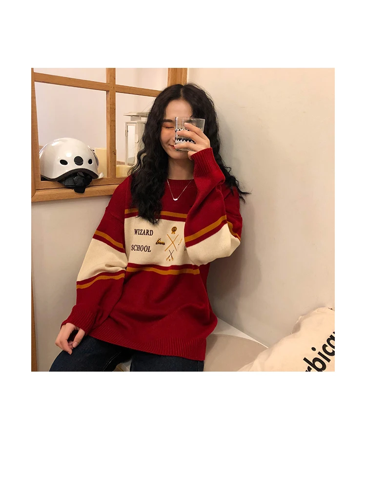 Woherb женский корейский Harajuku полосатый свитер женский пуловер Kawaii Ulzzang вышивка джемпер одежда для женщин 22873