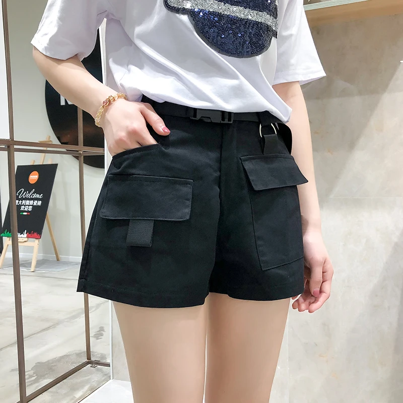 

WKOUD 2019 Summer Shorts Women Cargo Short Pants Sport Hot Shorts Belted Casual Loose High Waist Shorts With Pockets DK6027