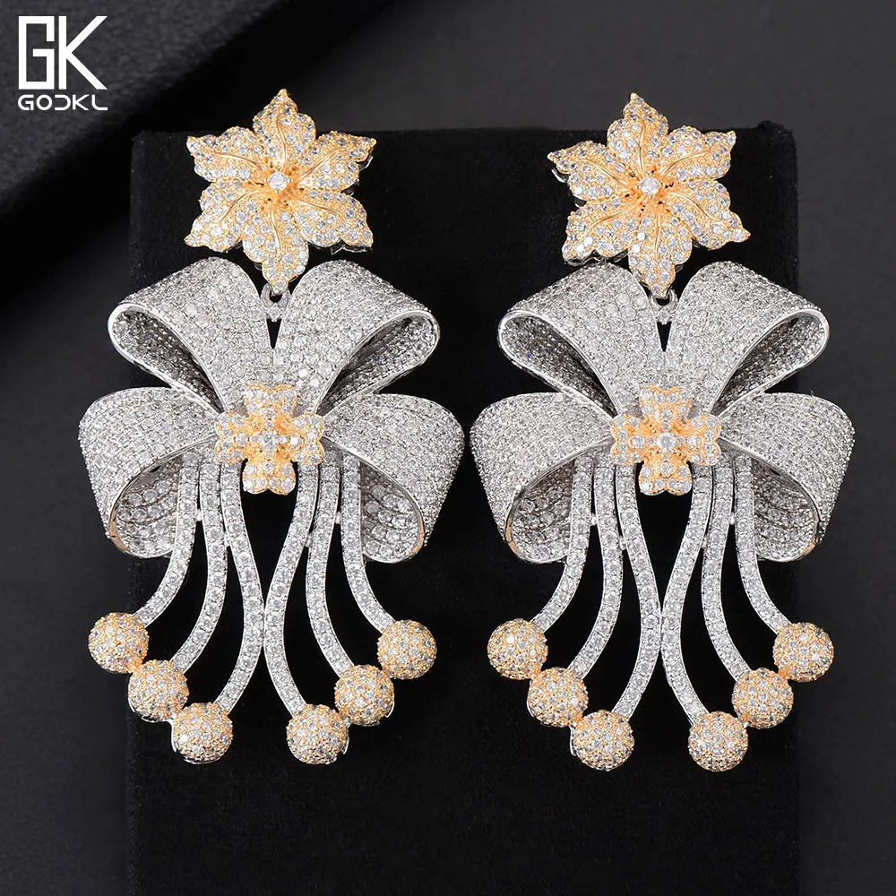 GODKI 72mm Trendy Luxury Bowknot Tassels Nigerian Long Dangle Earrings For Women Wedding Zirconia CZ Dubai Bicolor Earring | Украшения и