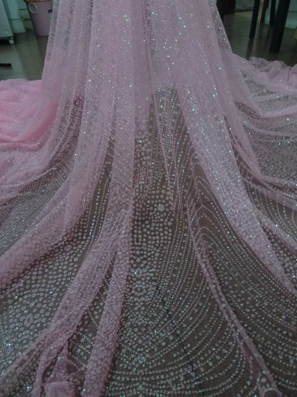 Розовый склеенный Блестящий сетчатый тюль с блестками кружевная ткань SYJ 42084 для