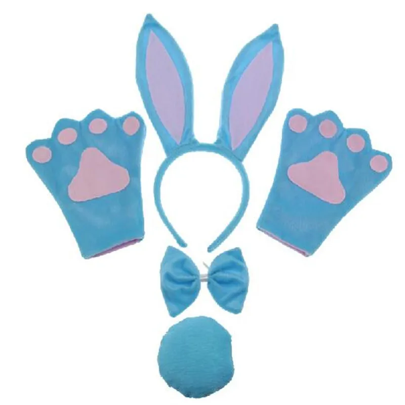 4pcs set blue Длинная повязка на голову с заячьими ушками, галстук-бабочка, хвост, рукавицы-лапы, юбка-пачка, Детский костюм для косплея для взрослых, комплект, вечерние платья, декор на Хэллоуин - Цвет: 4pcs set blue