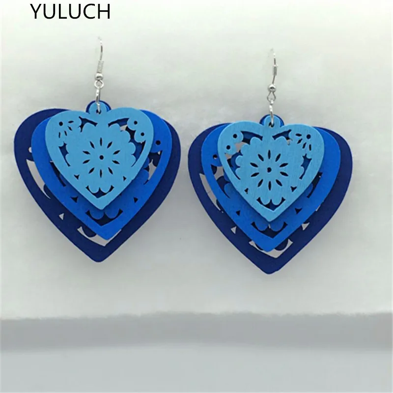 Новинка 2016 деревянные серьги подвески в форме сердца трехцветные длинные