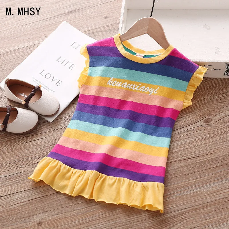MMHSY Summer Short Sleeve Girls Cartoon Striped Dress Baby Clothes Cute Kids Dresses Princess Tops Clot | Детская одежда и обувь