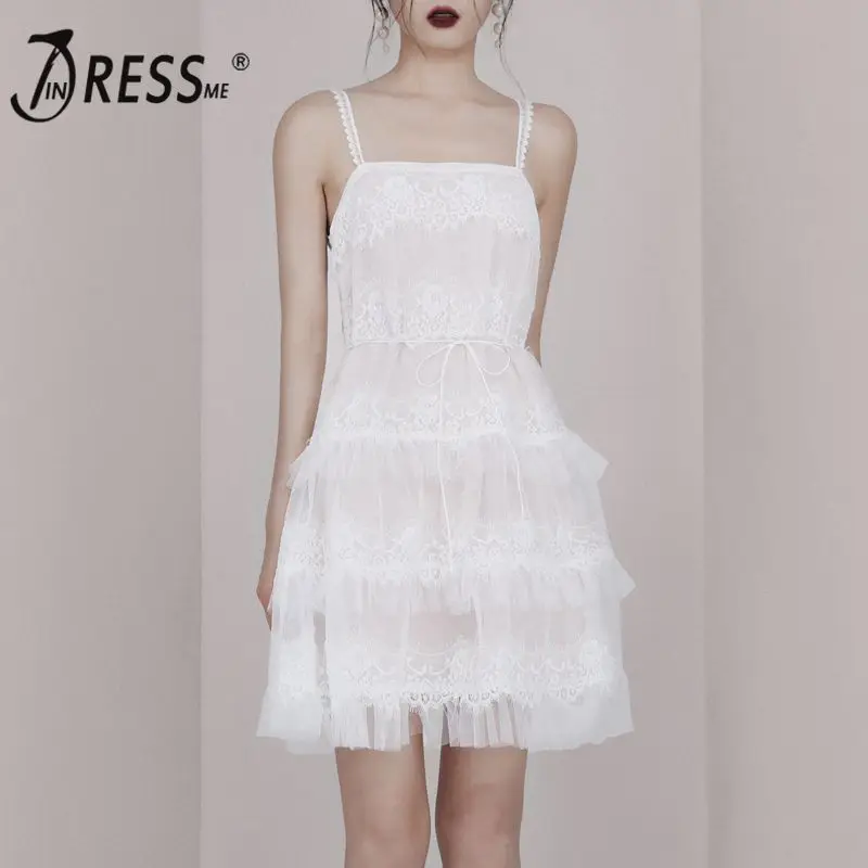 

INDRESSME 2019 New Lace Spaghetti Straps Mesh Lace Up Tiered Sleeveless Mini Dress Sweet Lovely White Party Outfit