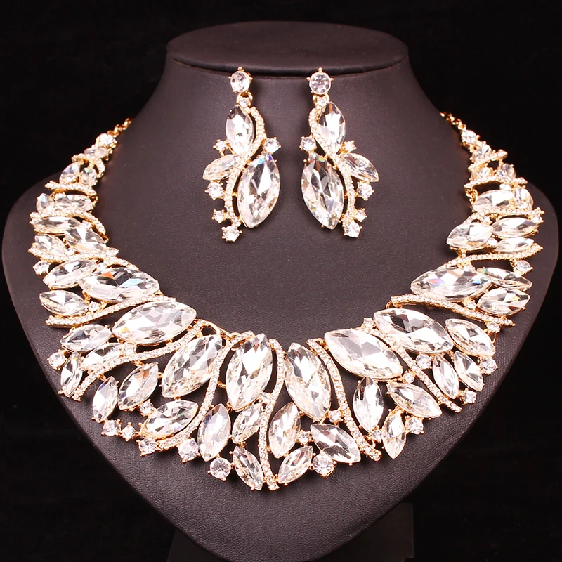 Luxury Crystal Necklace Earrings Sets Jewelry Indian Bridal Wedding Party Costume Jewellery Accessories Gifts for Women | Украшения и