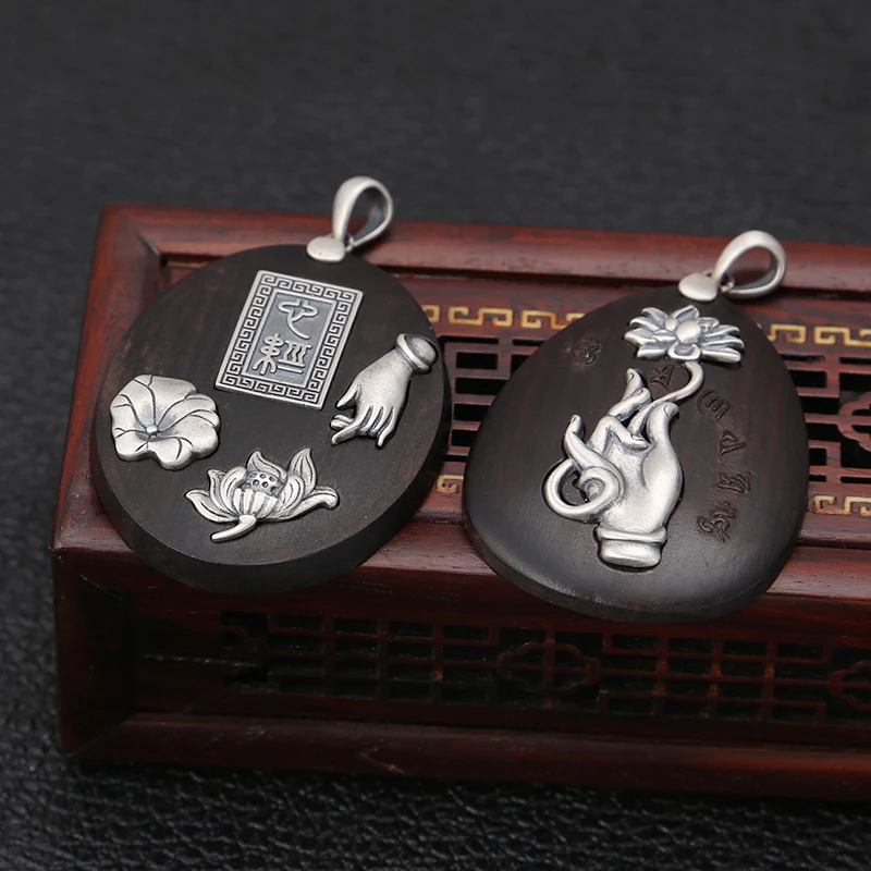 925 Sterling Silver Pendant Vintage Chinese Style for women ebony lotus flowers exquisite weater chain pendant Jewelry | Украшения и