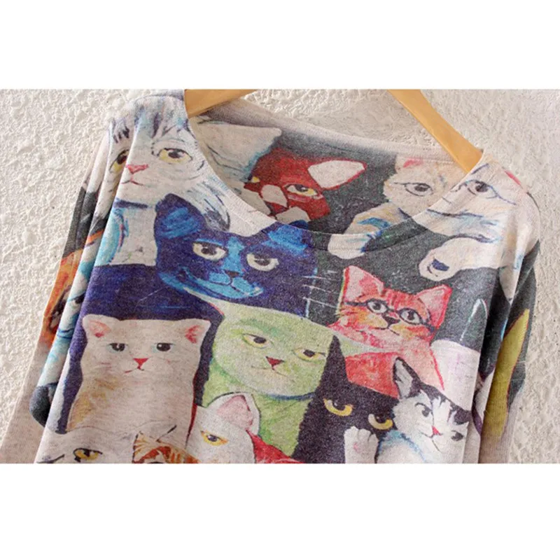 Qiukichonson womens sweaters 2018 spring autumn European Style Casual Cute Cats Print Ladies Knitted Pullover Jumpers Plus Size | Женская